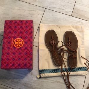 Tory Burch Miller braided ankle wrap sandals in darn a bra brown size 8.5